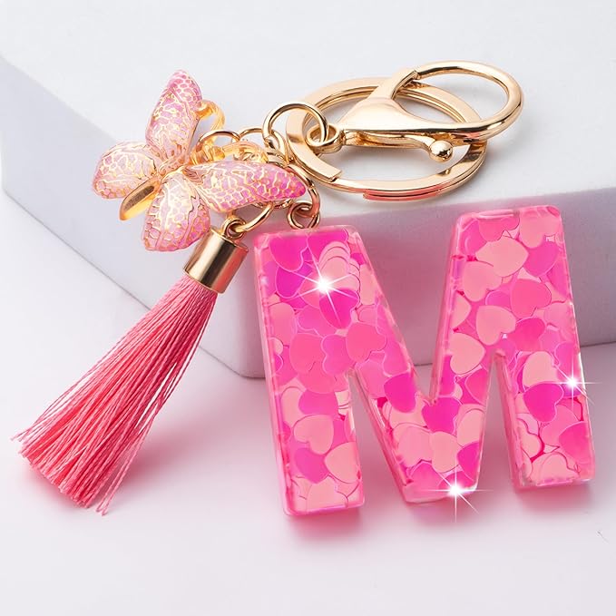 Suweibuke Colourful Cute Initial Letter Keychains for Women Girls with Tassel Butterfly, Charm for Purse Handbags Backpacks