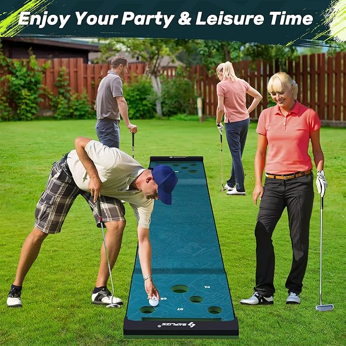 SAPLIZE Golf Putting Mat/Putting Green Mat - Adjustable Slope, Trajectory Tracking, Automatic Ball Return & Pong Game Modes |Portable Practice Green for Home, Office, Indoor & Outdoor