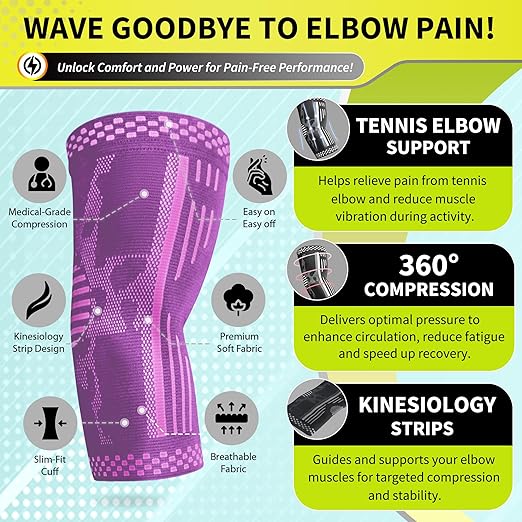 BLITZU Elbow Compression Sleeve for Tendonitis 2 Pack, Tennis Elbow Brace Support for Men and Women Golfers Elbow Pain Relief, Arthritis, Bursitis, Arm Brace for Workout, Weightlifting Purple XL