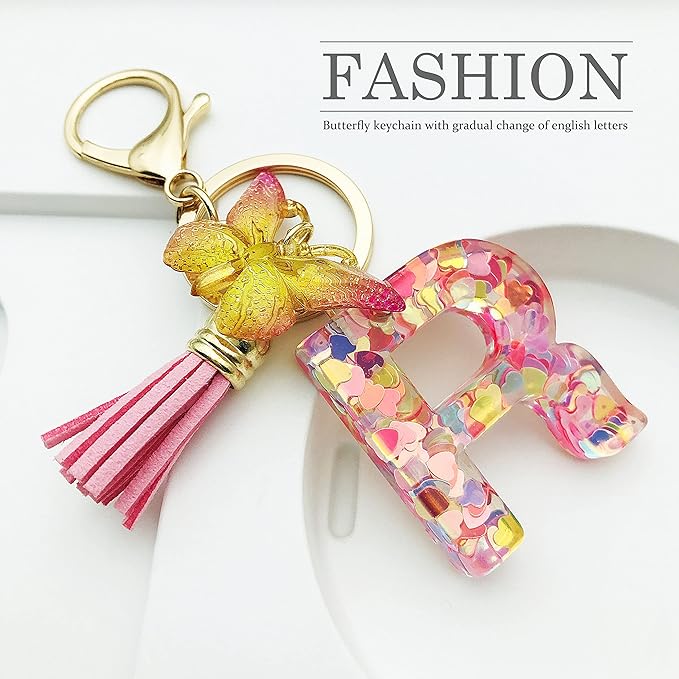 JINGUAZI Initial letter Keychains for Women Tassel Butterfly Pink Purple Cute Car Keychain for Wallet Backpack bag charm