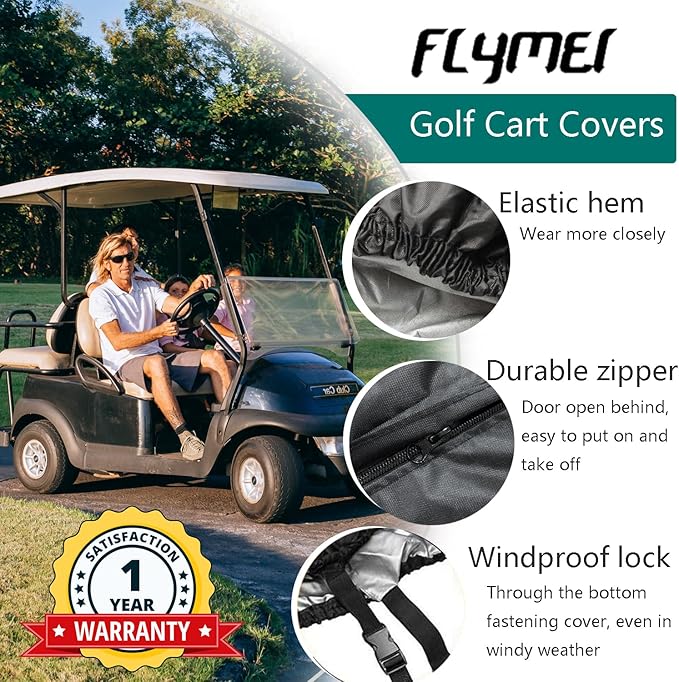 FLYMEI Golf Cart Cover Waterproof, 420D Fabric Universal Fits for Most Brand 2/2+2/4/4+2 Passengers Yamaha, Honda, Club Car, EZGO Golf Cart