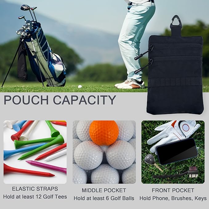 Golf Pouch Bag, Golf Tee Holder for Accessories, Valuables, Tees, Balls - Small Nylon Zipper Tee Pouch Clip on Bag Belt Backpack - Handy for Golfing, Fishing, Cycling, Travel - Great Gift for Golfers