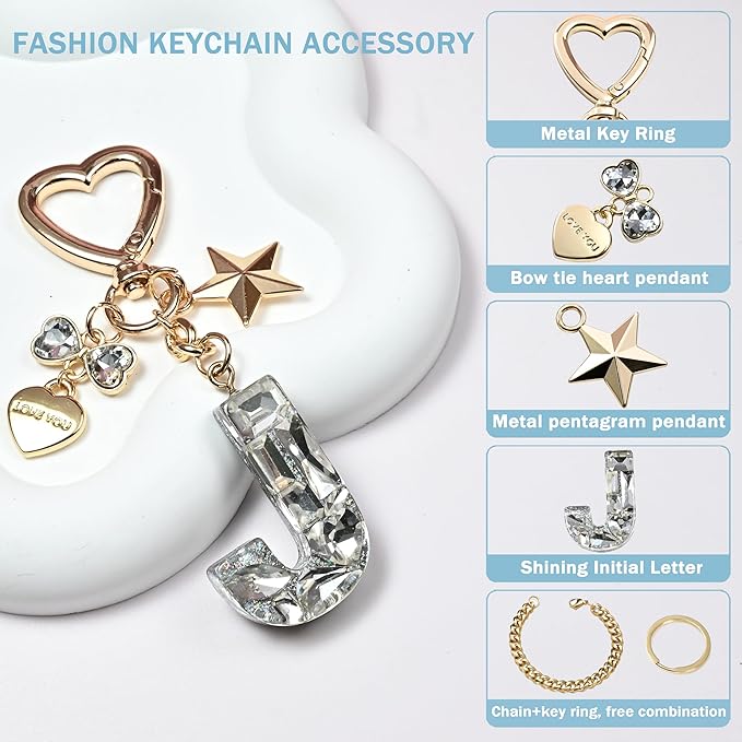 Cute Bling Keychain initial Letter Butterfly Star Pink Purple Gift for Women Girls Bag Cup Charms Accessories