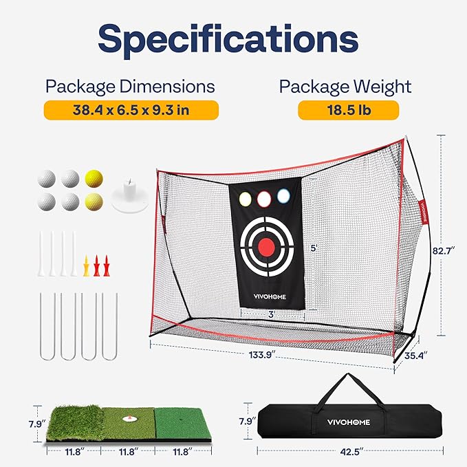 VIVOHOME 10 x 7ft Golf Net for Hitting, Chipping, Driving Training, Heavy Duty Golf Practice Net for Indoor, Backyard, Garage, with Mat, Target Cloth, 8 Tees, 6 Balls, Carry Bag