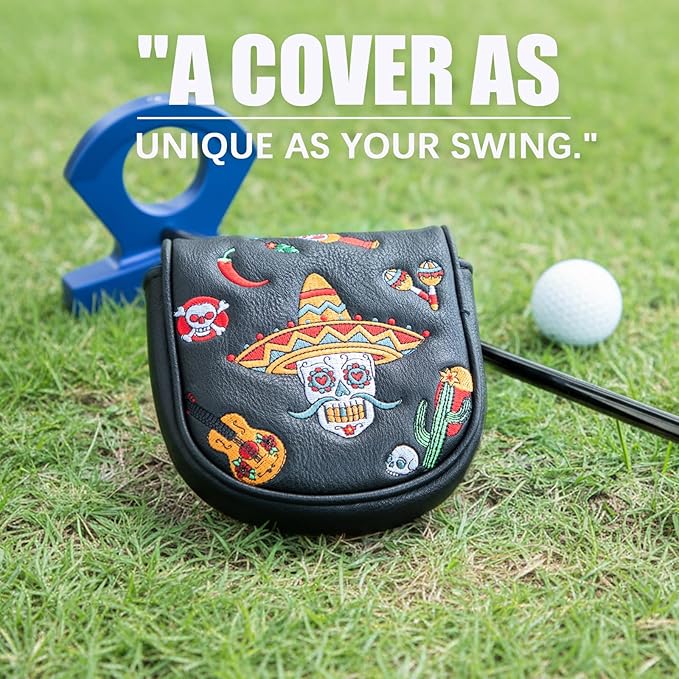 Golf Mallet Putter Cover, Sugar Skull Magnetic Closure Headcover Premium Leather Golf Club Head Covers Fits Golf DF3 Putter, Mallet Putter Headcover