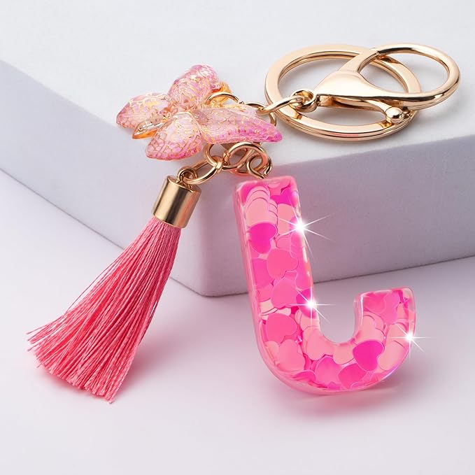 Suweibuke Colourful Cute Initial Letter Keychains for Women Girls with Tassel Butterfly, Charm for Purse Handbags Backpacks
