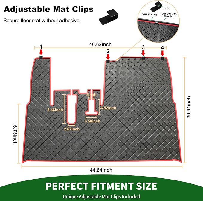 Golf Cart Floor Liner Mat 8mm Thick Rubber Full Coverage Only Fit for 2007-2016 Yamaha Drive (Gen1), G29, YDR, Adventurer Carts Diamond Deluxe Non-Slip Front Feet Mats Replacement - Red Trim