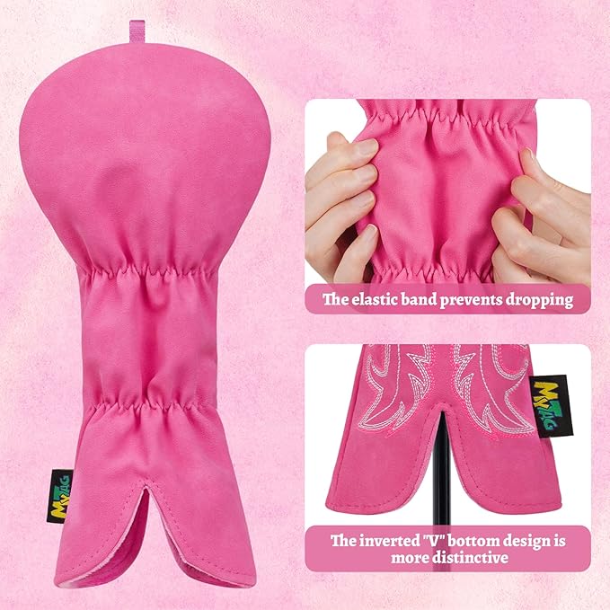 mytag Pink Golf Club Head Covers, Western Cowboy Retro Golf Headcovers with Patch & Embroidery Driver Fairway Wood Hybrids/Rescue Covers