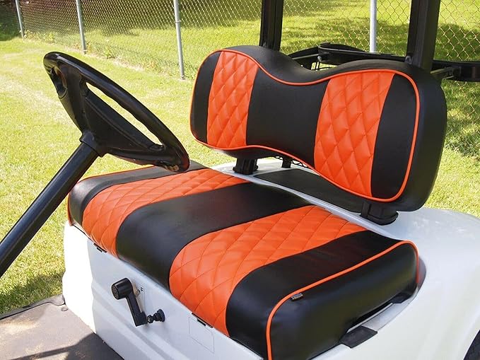 Huskey 2PCS Golf Cart Front Seat Cover for Club Car Precedent 2004+ G&E Models Custom Two Tone Black/Orange Diamond Stitching with Orange Piping,Marine Grade Vinyl Material,Staple On Design
