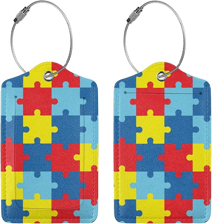 Autism Awareness Puzzles 2 Pcs Luggage Tags, Privacy Cover Id Label with Stainless Steel Loop and Address Card for Suitcases & Travel Bags