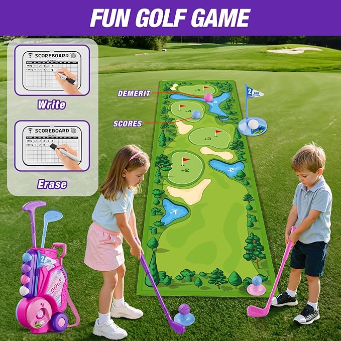 Toddler Golf Set 2-4 Years, Kids Golf Club with 8 Balls, 4 Plastic Clubs, Putting Mat, Scoreboard, Storage Bag, Indoor Outdoor Game with Golf Cart Sport Toy Gift for Baby Boys Girls Age 3-5, Pink