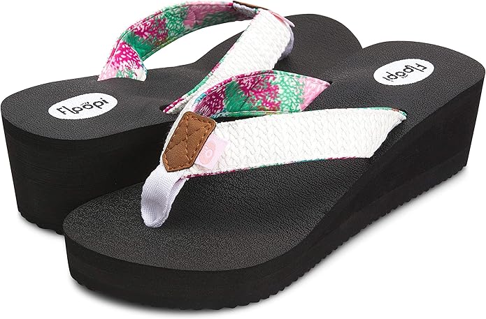 Floopi High Heel Wedge Sandals for Women-Comfort Yoga Mat Footbed for Support, Flip Flop Thong Platforms for Summer