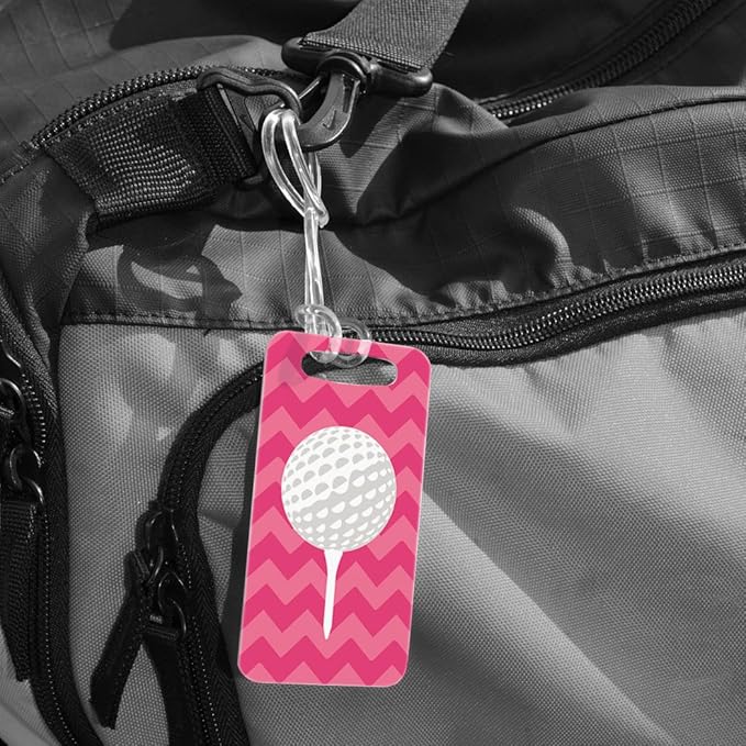 ChalkTalkSPORTS Golf Luggage & Bag Tag | Golf Ball and Tee | Custom Info on Back | Small | Pink