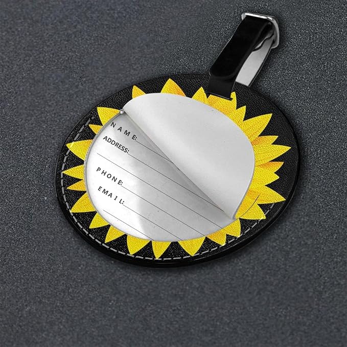 Sunflower Flower Black Luggage Tags for Suitcases, Pu Leather Baggage Tags Identifiers for Travel, Name Id Label Tags for Baggage Bag Women Men