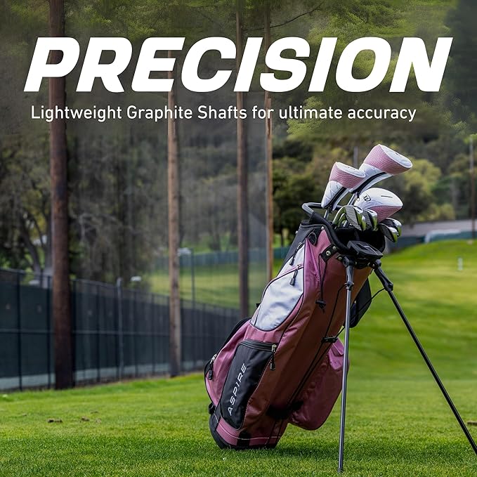 Aspire XD1 Womens Golf Clubs Full Set, Includes Driver, Fairway, Hybrid, 6-PW Irons, Putter, Stand Bag, 3 H/C's, Ultra-Light Graphite Shafts, Golf Clubs Women Right Handed, Comes in 3 Sizes, Pink