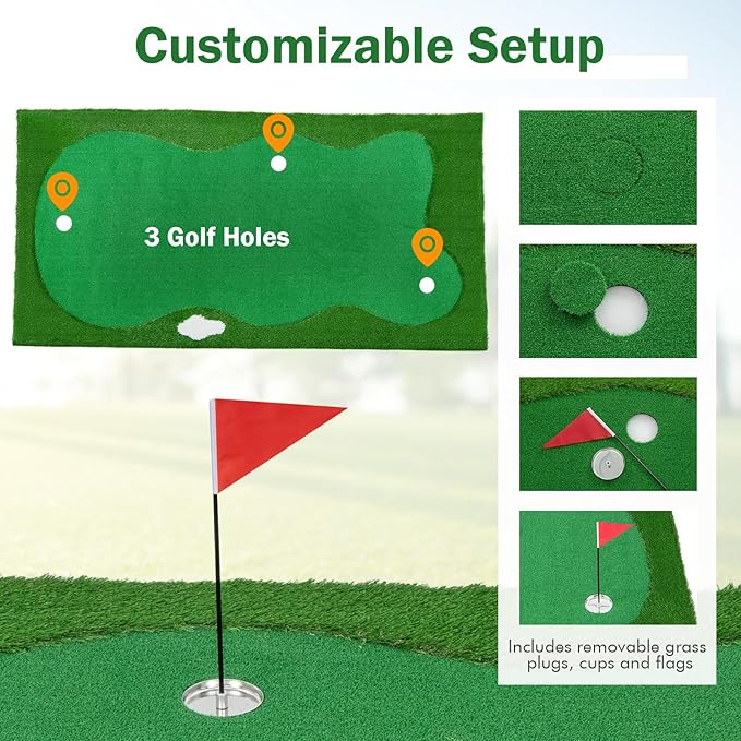 Tangkula 10 FT Golf Putting Green, Large Professional Golf Training Mat with Realistic Artificial Grass Turf, 3 Holes, 3 Flags and Cups for Indoor Outdoor Putting Practice