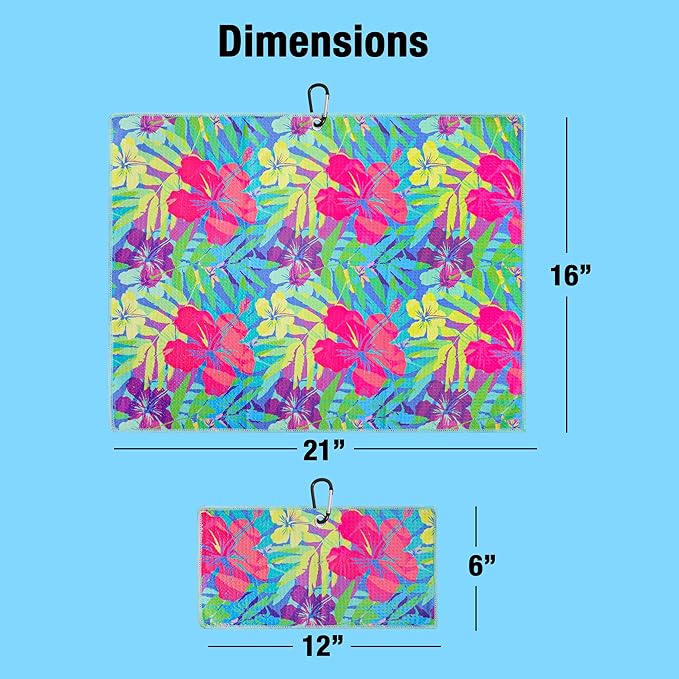 Microfiber Golf Towels for Golf Bags & Carts - Premium Weave Waffle & Ball Towels with Carabiner Clip, Essential Accessories for Men, Women and Kids, Golfer Gifts, Set of 2 (Bright Tropics)
