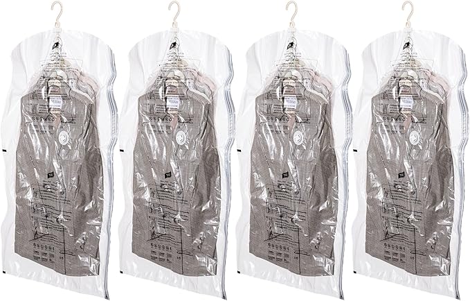 Hanging Vacuum Storage Bags, 4 Pack (41.3 x27.6 inch), Vacuum Seal Bags for Clothing, Space Saver Garment for Short Clothes, Jacket, Suits, Dresses, Closet Oragnization and Storage