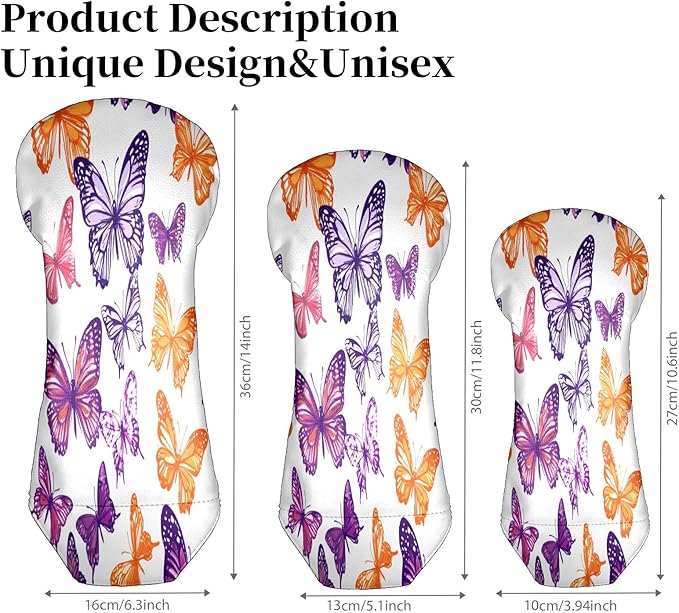 Funny Butterfly Colorful Golf Head Covers for Driver, Fairway, Hybrid & 3 Wood Premium PU Leather with Soft Velvet Lining Waterproof & Scratch-Resistant Unique Golf Gift for Men & Women