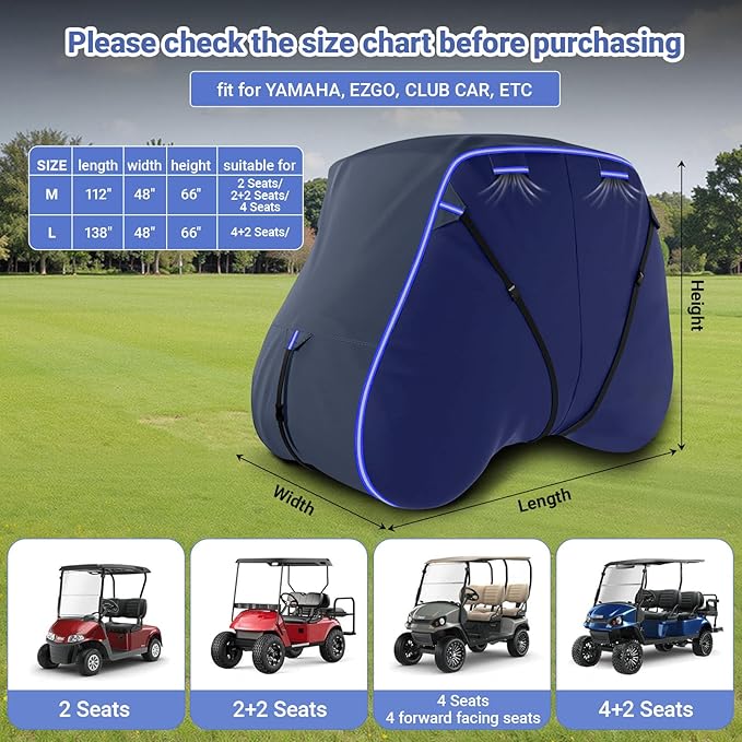 Golf Cart Cover Suitable 2+2/4 Passenger for Yamaha/EZGO Club Cart Heavy Duty 420D Waterproof Windproof Golf Cart Cover All-Weather Protection with Zipper Door Blue/Gray