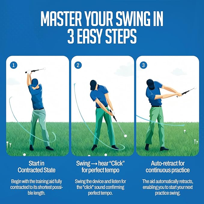 Retractable Golf Swing Training Aid,Rhythm Click Sound Warm Up Golf Swing Trainer,Golf Grip Trainer Attachment -Strength & Tempo Training for Chipping Hitting,Golf Accessories for Men-BONUS Items