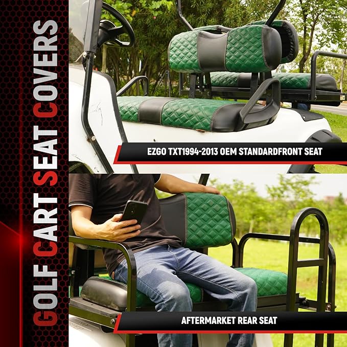 Golf Cart Seat Covers Front and Rear Waterproof and Sun Resistant Marine Grade Vinyl Leather Seat Cover Accessories for EZGO TXT 1994-2013, Green(4PCS)