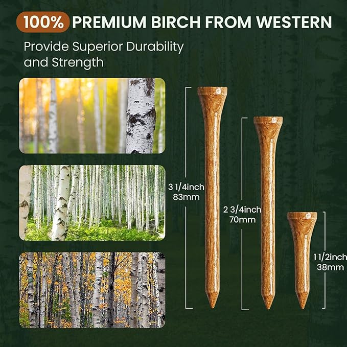 FINGER TEN Golf Tees Wood for Men Wooden Tee 1 1/2 2 3/4 3 1/4 Inch Western Birch Value 100 Pack, Reduce Friction Spin Tall Sturdy Base for Stability Long-Lasting Durability