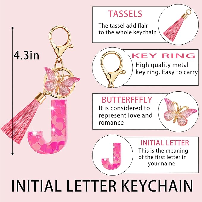 Suweibuke Colourful Cute Initial Letter Keychains for Women Girls with Tassel Butterfly, Charm for Purse Handbags Backpacks