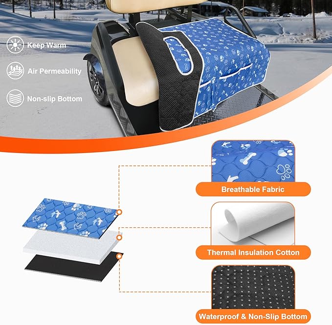 Golf Cart Seat Covers, Universal Golf Cart Seat Towel Blanket with 4 Front Pockets & Nonskid Bottom Fits for EZGO, Yamaha, Club Car and More 2 Person Seats Golf Carts