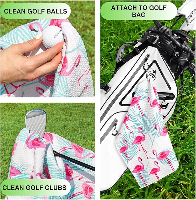 Microfiber Golf Towels for Golf Bags & Carts - Premium Weave Waffle & Ball Towels with Carabiner Clip, Essential Accessories for Men, Women, and Kids, Golfer Gifts, Set of 2 (Flamingo Paradise)
