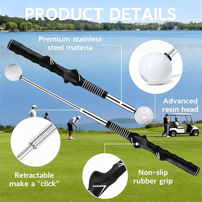 Retractable Golf Swing Trainer with Click Stick - Right-Handed Golf Grip Trainer & Swing Training Aid for Rhythm and Tempo Practice