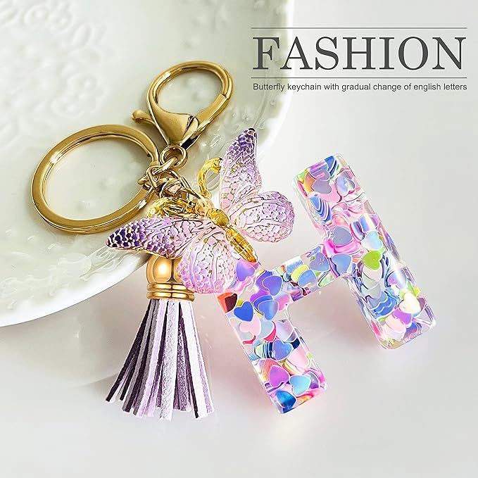 JINGUAZI Initial letter Keychains for Women Tassel Butterfly Pink Purple Cute Car Keychain for Wallet Backpack bag charm