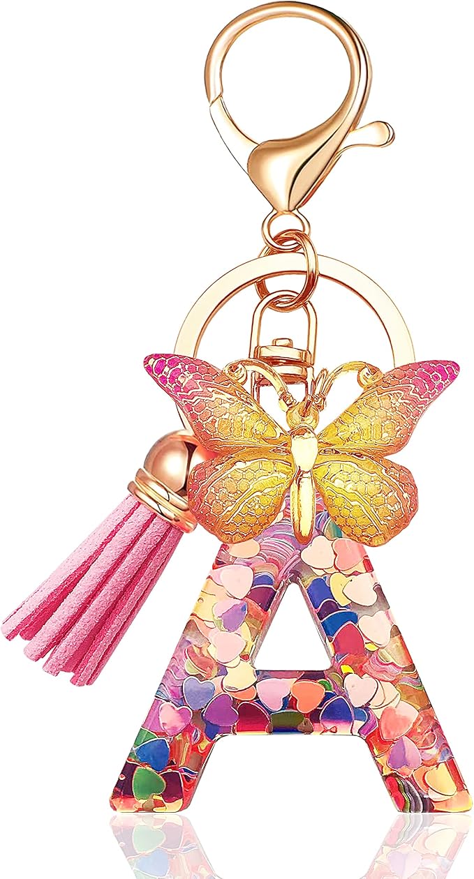 JINGUAZI Initial letter Keychains for Women Tassel Butterfly Pink Purple Cute Car Keychain for Wallet Backpack bag charm