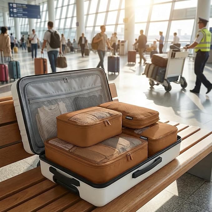 4 Piece Compression Packing Cubes for Suitcases and Backpack, Lightweight Travel Organizer Bags (Light Brown)