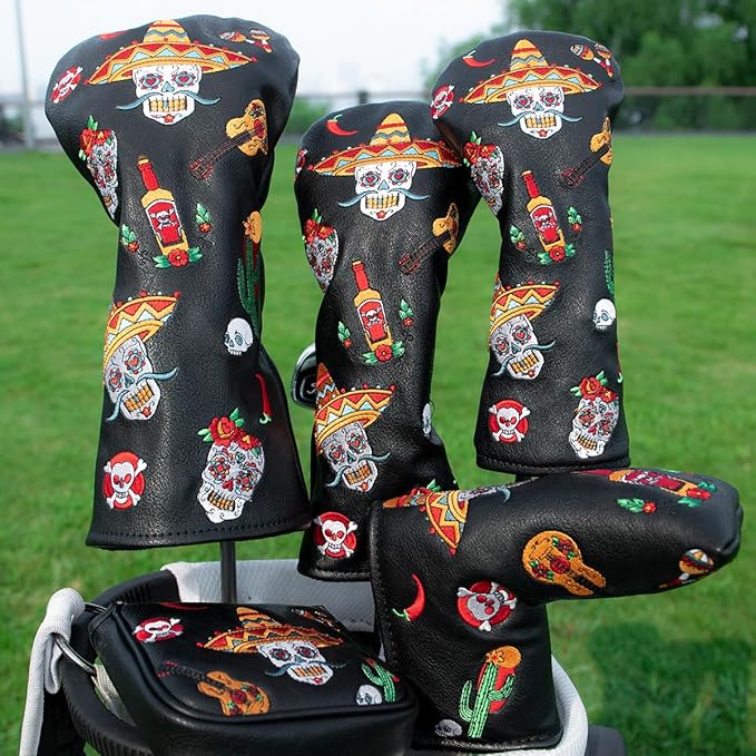Golf Club Headcover for Drivers, Fairway Woods, Hybrids, and Mallet Blade Putter Sugar Skull Style Premium Leather Golf Headcovers Set with Interchangeable No. Tags