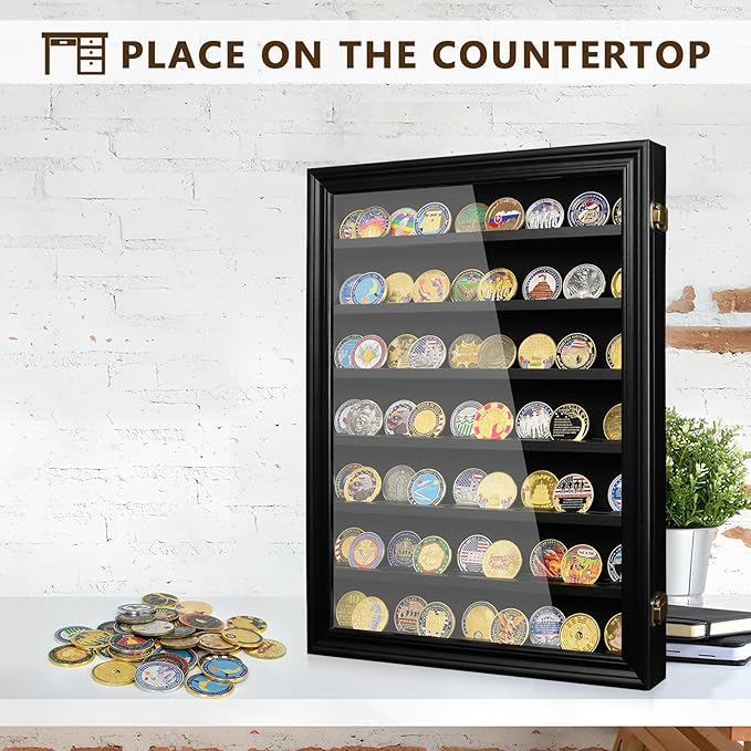 7 Rows Military Challenge Coin Holder Wall Display Case with HD Tempered Glass – Holds 100 Coins, Medal Display Cabinet Rack Shadow Box with Removable 2-Groove Shelves for Casino Poker Chips, Black