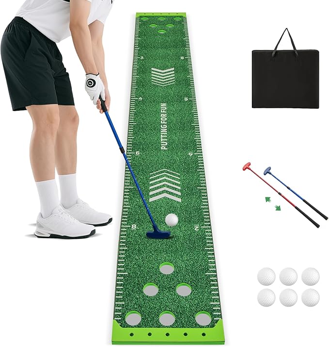 Goplus Putting Green Mat, Portable Golf Game Set with 2 Adjustable Putters, 6 Balls, Carrying Bag, Golf Putting Mat for Party, Practice, Home, Backyard
