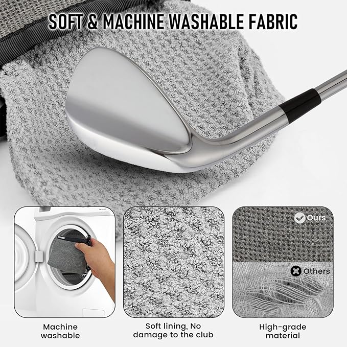 Golf Club and Golf Ball Cleaning Bag - Cleans Club Grooves, Waterproof Clean Face Tech, Detachable Clip, Machine Washable, Stay-Dry Exterior,Golf Gift for Men(1, GRAY)