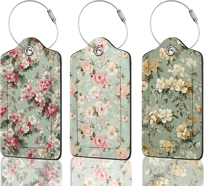 Luggage Tags for Suitcases Durable Leather Luggage Tags Cute Travel Name Tags for Cruise Ships Travel Essentials 3 Pack (Vintage Floral)