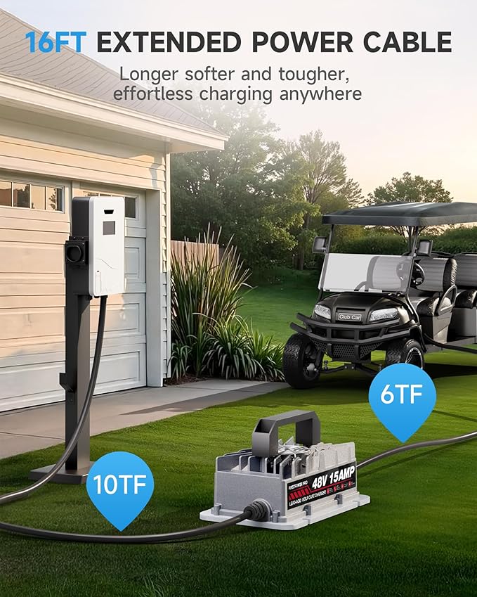 Club Car Charger, 48V 15A Golf Cart Charger, Golf Cart Battery Charger with 3-Pin Round Plug, 4-6H Fast Full Charge Trickle Charge, Lead Acid Battery Charger - IP67 Waterproof with Fan Design