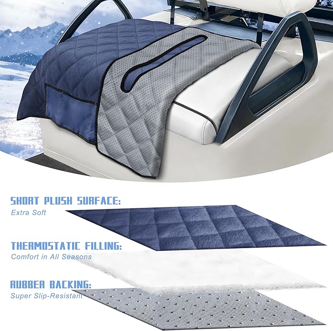 YOKYHOM Golf Cart Seat Covers with 4 Front Pockets, Thick and Non-Slip Golf Cart Seat Towel Blanket, Fits for EZGO, Yamaha, Club Car and More 2 Seats Golf Carts, Navy Blue