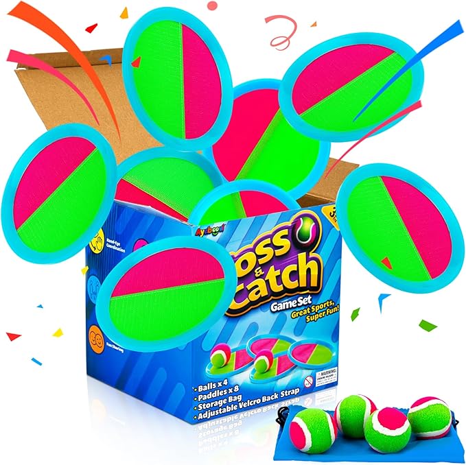 Ayeboovi Toss and Catch Ball Set with 8 Paddles 4 Balls Outdoor Beach Pool Toys for 3 4 5 6 7 8 Year Old Boys Girls Birthday Gift Stocking Stuffers Outside Camping Lawn Yard Games for Kids and Family