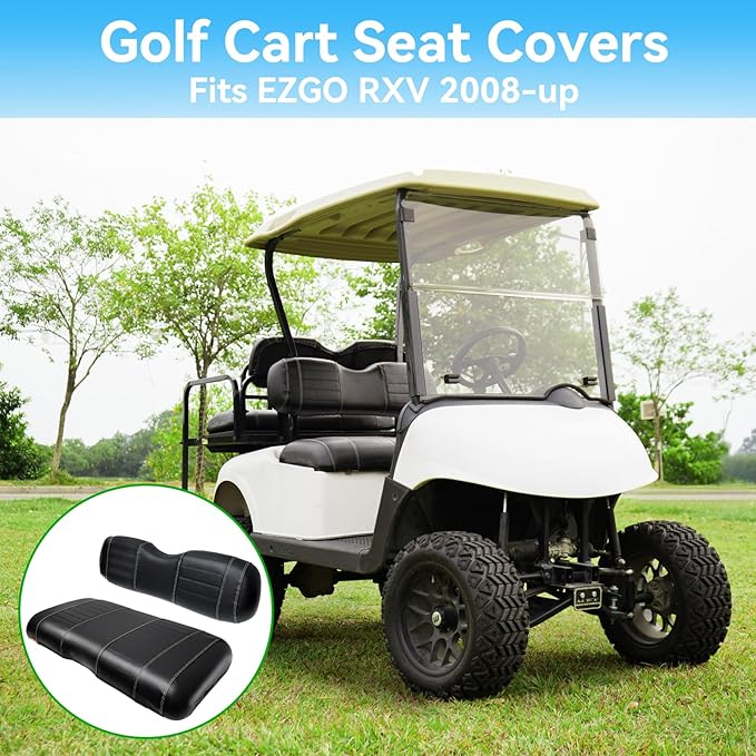 Golf Cart Seat Covers fits Club Car Precedent/DS/EZGO RXV/TXT/Yamaha Front Rear Seat Cushion，Black Leather Custom Stripe Soft Comfortable/Anti-Scratch/Easy to Clean