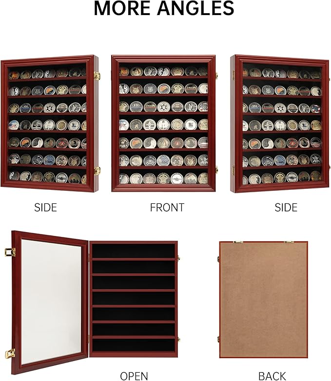 7 Rows Challenge Coin Holder Display Case with HD Tempered Glass Holds 100 coins, Wall-Mountable Military Shadow Box Cabinet with Removable 2-Groove Shelves for Medals and Casino Poker Chips, Mahogany