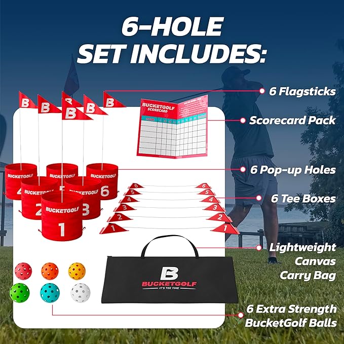 bucketgolf Game The Original Ultimate Backyard Lawn Golf Game for Family, Adults and Kids - Portable 6 Hole Golf Course Play Outdoor, Lawn, Park, Beach, Yard.
