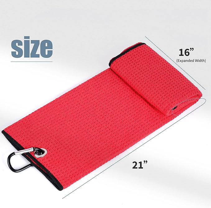 Mile High Life Tri-fold Golf Towel | 16" X 24" | Premium Microfiber Fabric | Waffle Pattern | with Heavy Duty Carabiner Clip | for Men and Women (2 Pack Red)