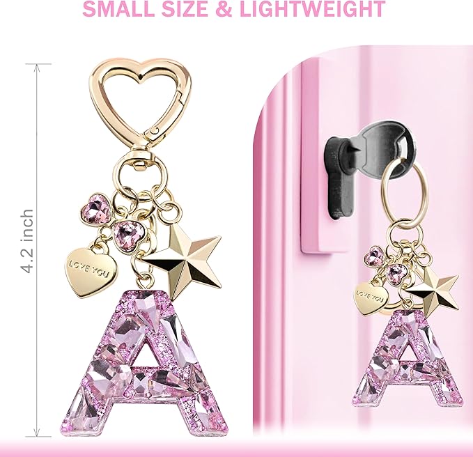 Cute Bling Keychain initial Letter Butterfly Star Pink Purple Gift for Women Girls Bag Cup Charms Accessories