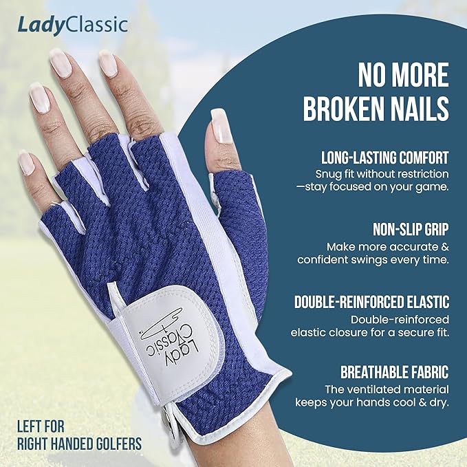 Mesh Half Golf Glove for Women – Premium Cabretta Leather Palm, Breathable Mesh Back, Half-Finger Design Ladies Golf Glove for Enhanced Grip & Comfort