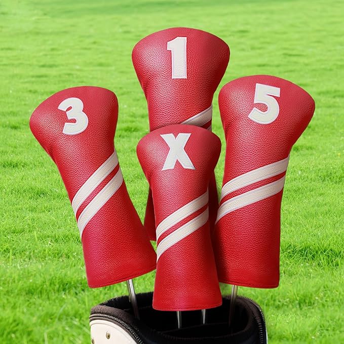 Golf Club Head Covers for Fairway Woods Driver Hybrids, 4pcs Premium PU Leather Women Golf Headcovers Set with No.Tags1 3 5 X.(Red)