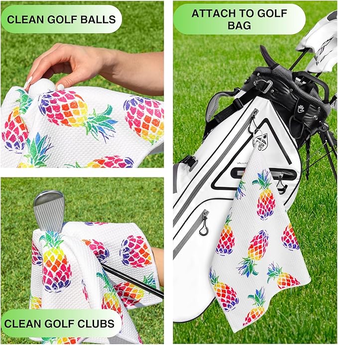 Microfiber Golf Towels for Golf Bags & Carts - Premium Weave Waffle & Ball Towels with Carabiner Clip, Essential Accessories for Men, Women, and Kids, Golfer Gifts, Set of 2 (Pineapple)